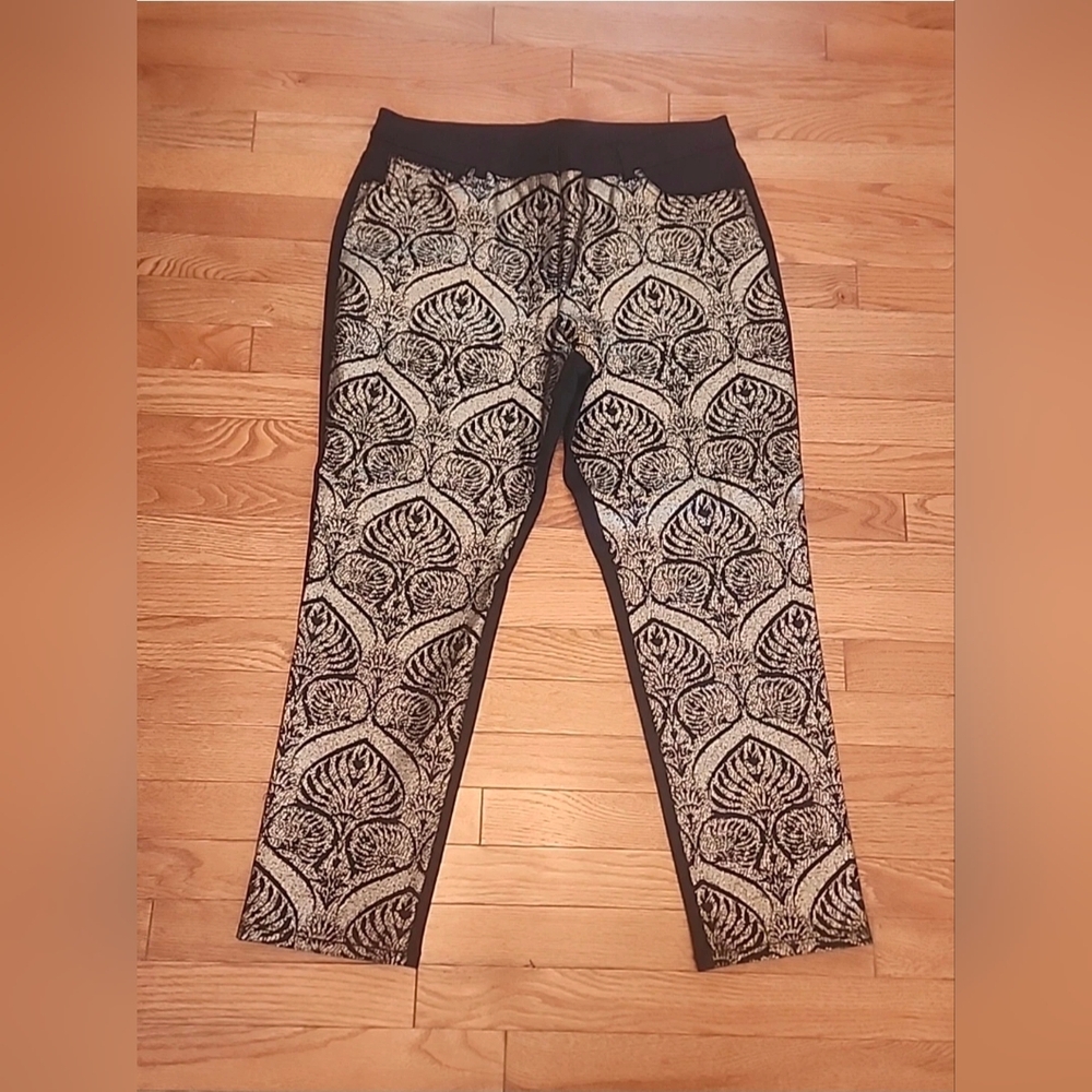 Chicos Gold Jacquard Straight Leg Pants Womens Sz 2 Ankle Black Gold